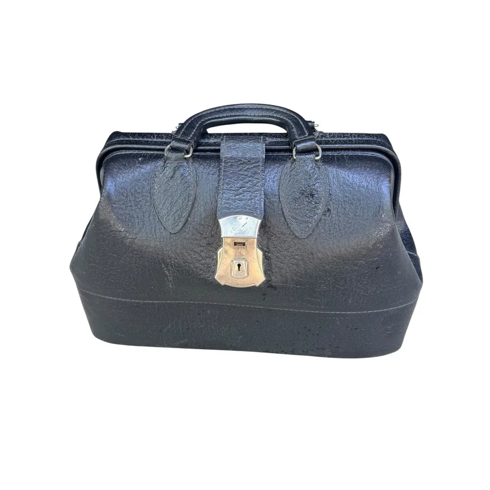 Vintage Schell Brand Black Leather Doctors Bag Gladstone Briefcase Made in USA